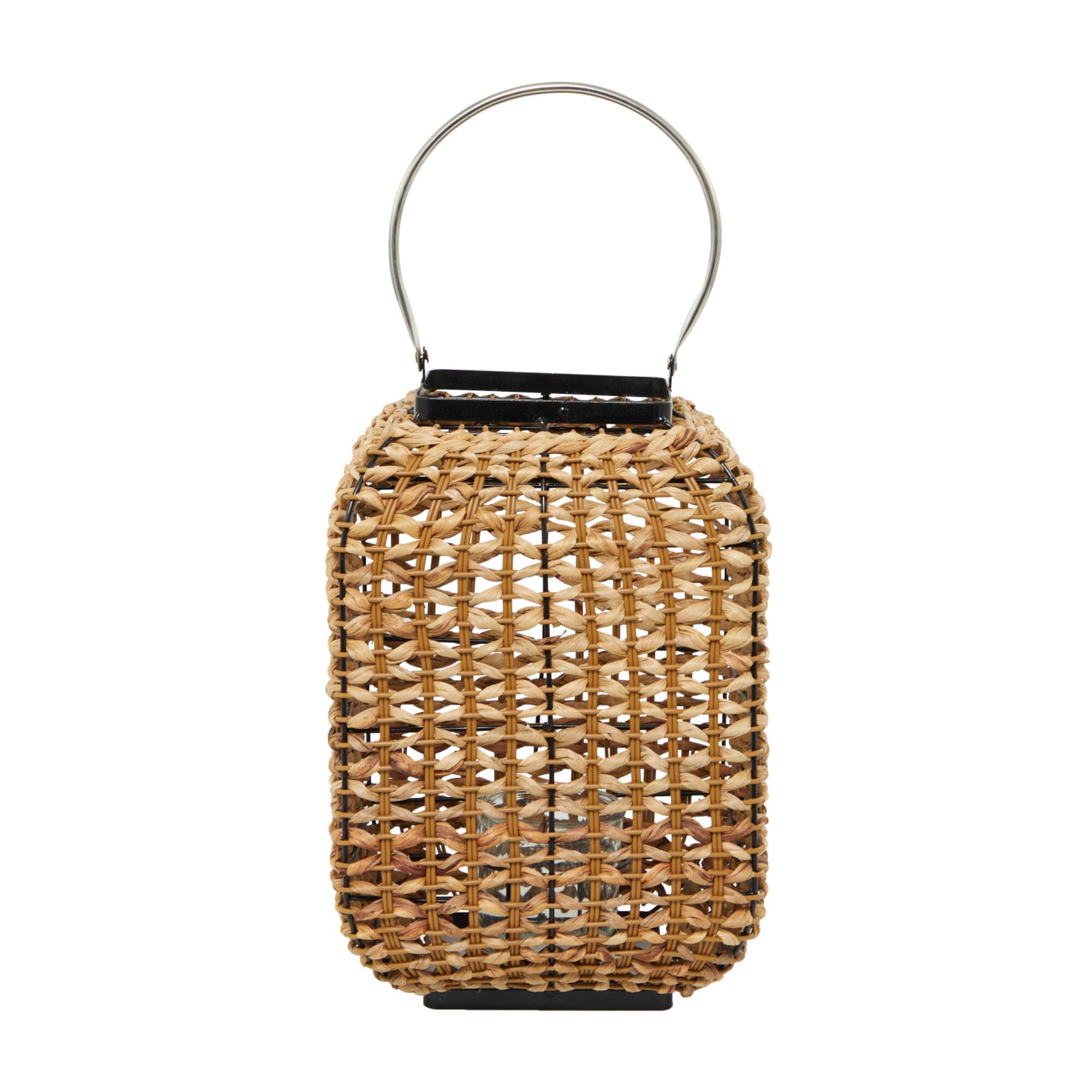 16" Brown Dried Plant Handmade Candle Lantern with Glass Holder and Handle